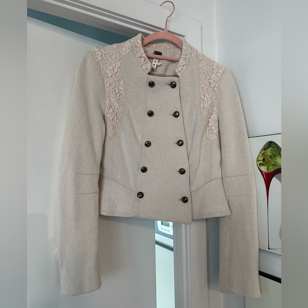 We The Free Ivory Double-Breasted Lace-Shoulder Blazer